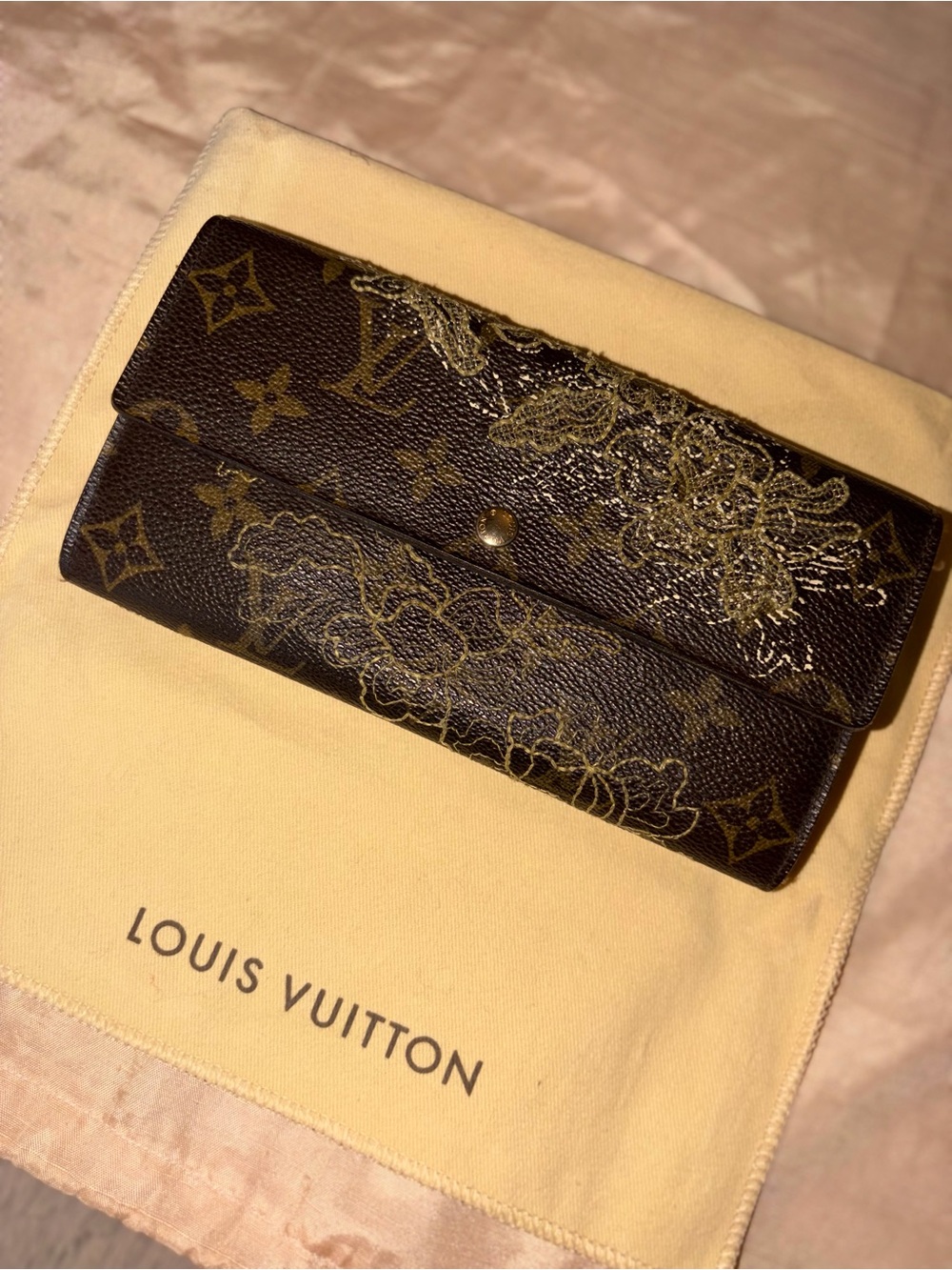 Louis Vuitton Brown Monogram Floral Continental Wallet with Gold Accents